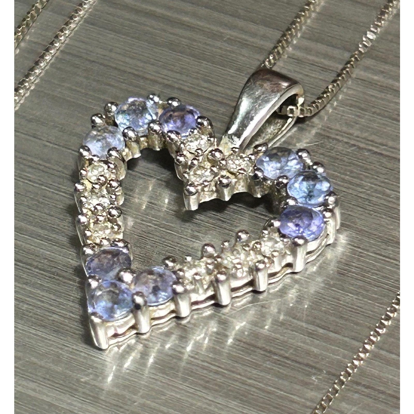 14k White Gold Genuine Tanzanite Diamond Heart Shaped Pendant Necklace 18.5â